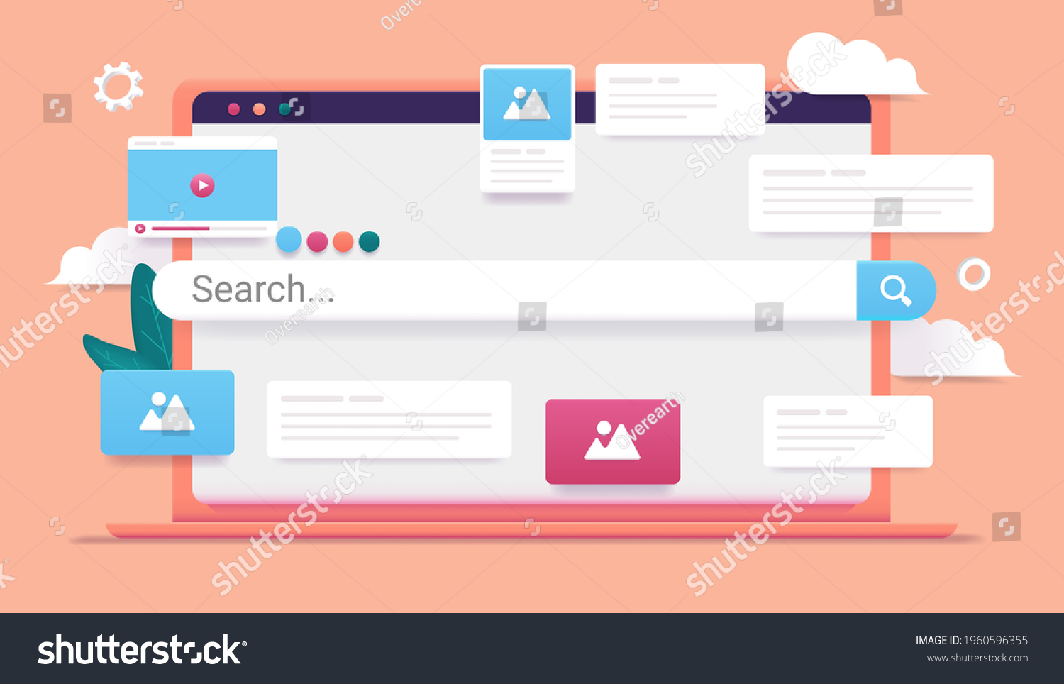 Laptop computer with search engine and web elements on screen. Online search, and seeking information on internet concept. Vector illustration. #1960596355