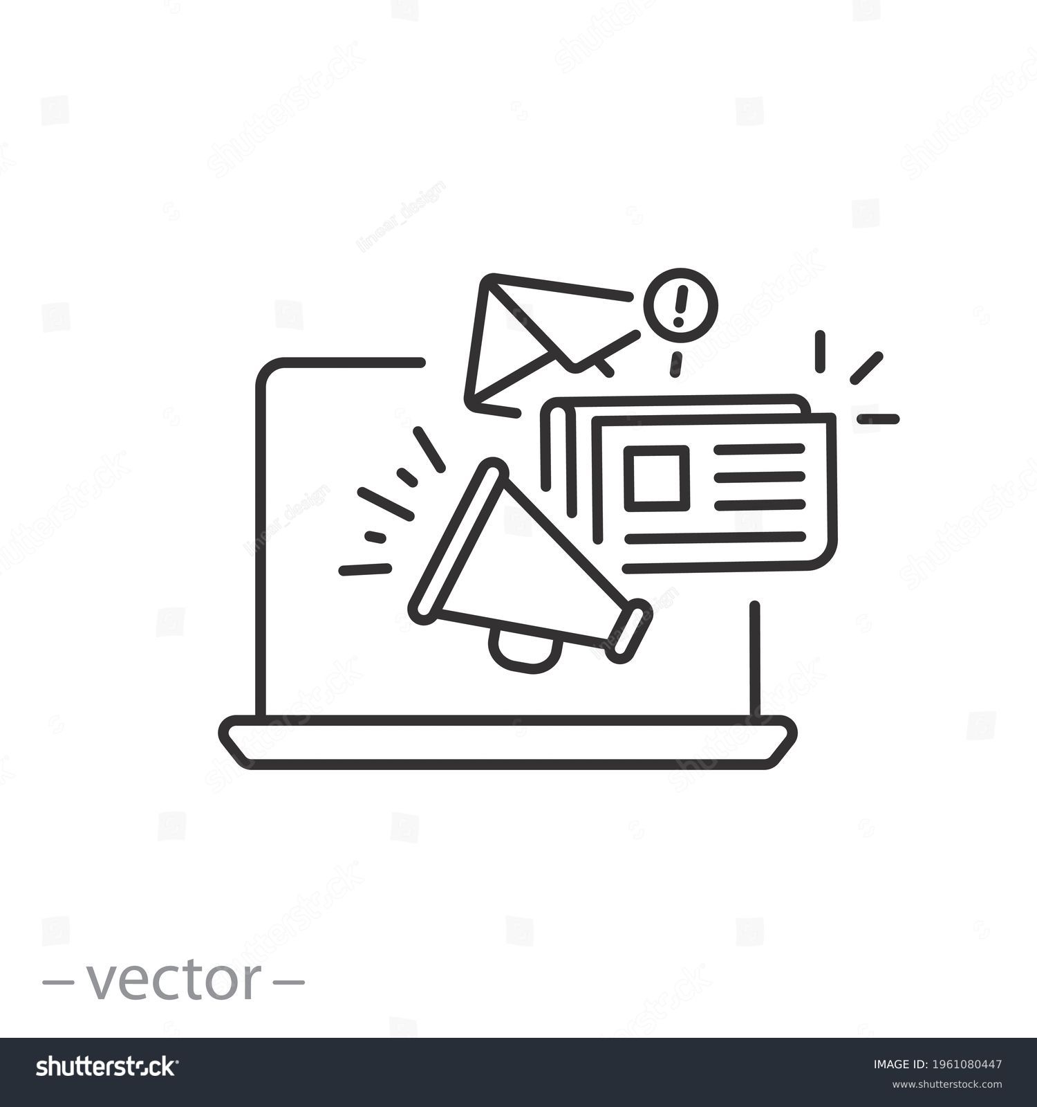 news content icon, share media latest, social personal blog, latest information, megaphone announce, thin line symbol on white background - editable stroke vector eps10 #1961080447