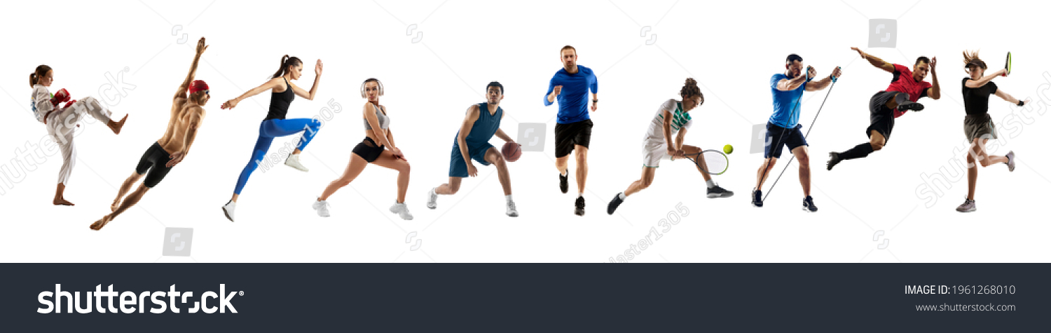 Collage of different professional sportsmen, fit people in action and motion isolated on white background. Flyer. Concept of sport, achievements, competition, championship. Hockey, gymnastics, tennis. #1961268010