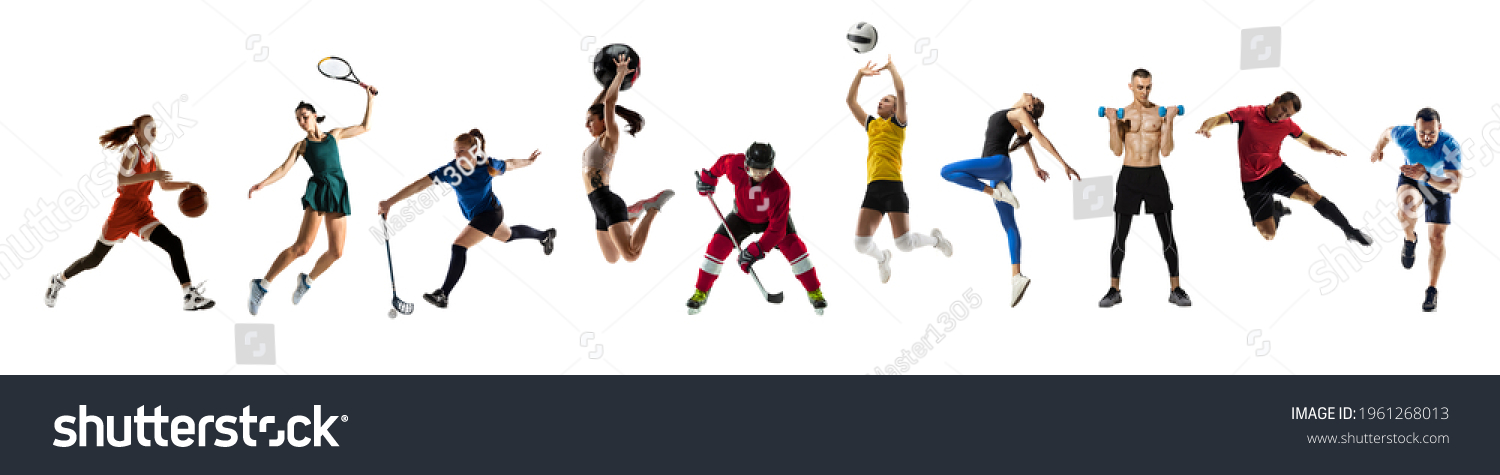 Collage of different professional sportsmen, fit people in action and motion isolated on white background. Flyer. Concept of sport, achievements, competition, championship. Hockey, gymnastics, tennis. #1961268013