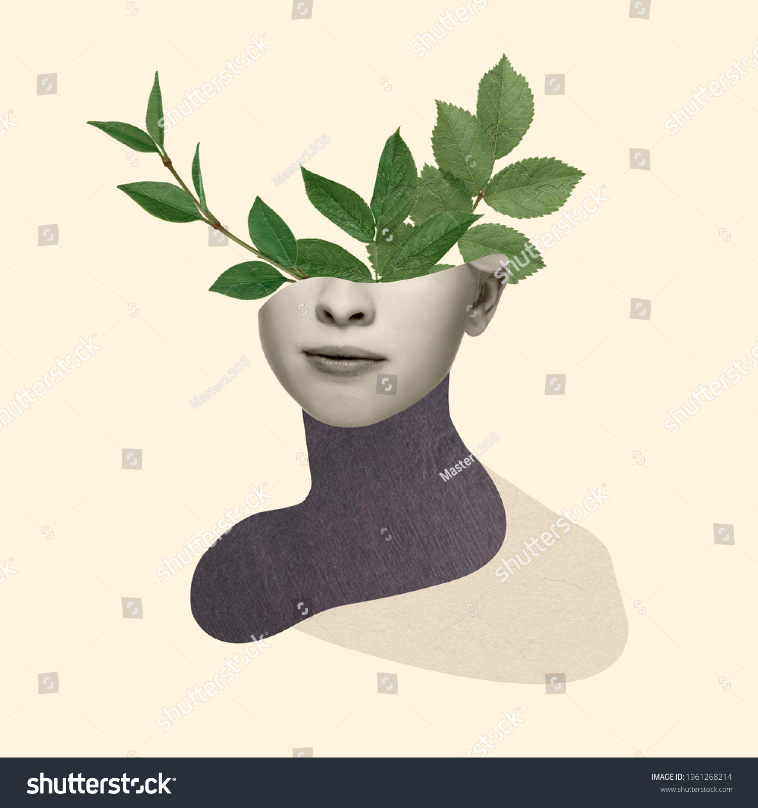 Beautiful female face with green leaves of plant on pastel yellow background. Copy space for ad, text. Modern design. Conceptual, contemporary bright artcollage. Retro styled, surrealism, fashionable. #1961268214
