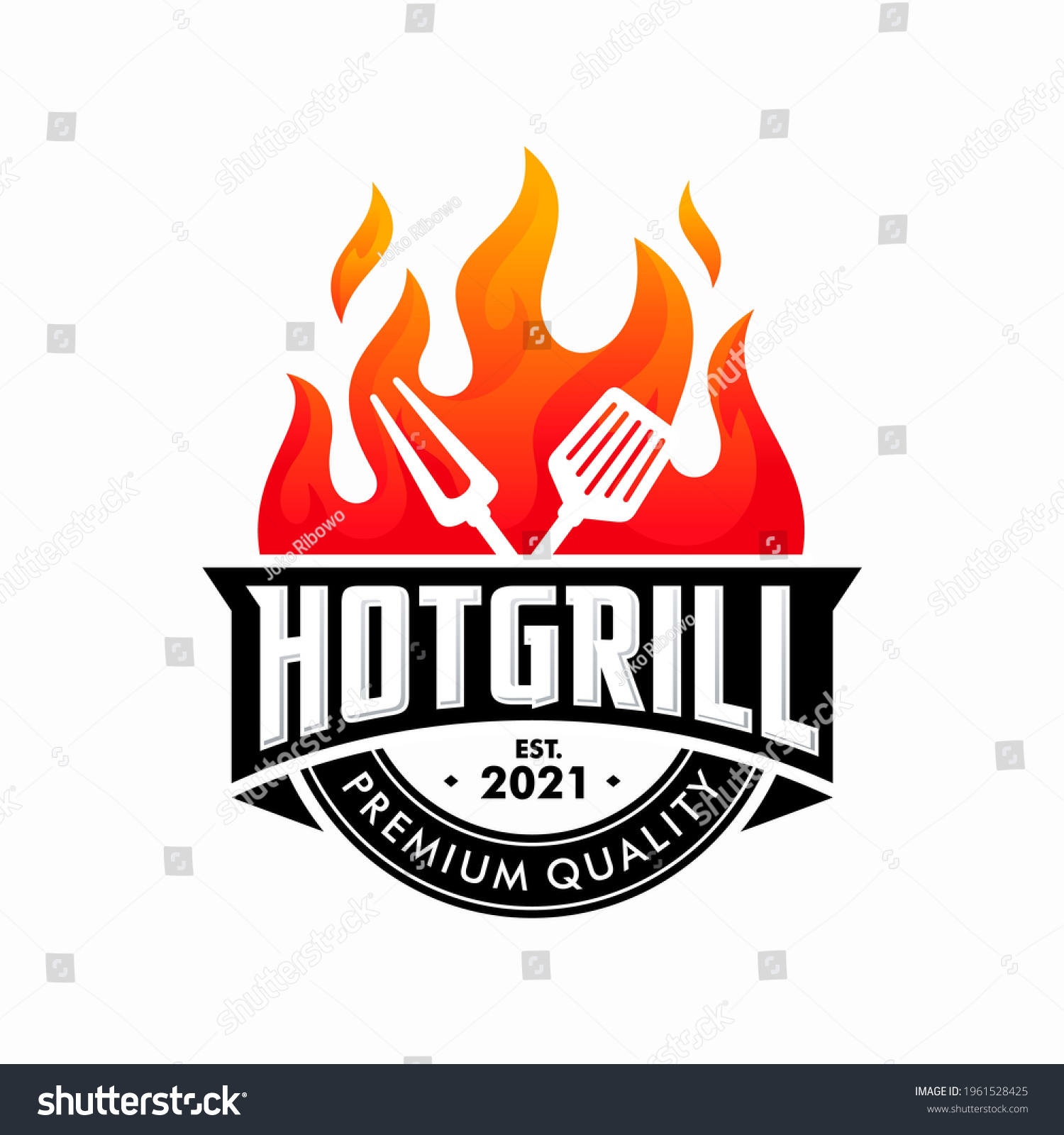 vintage grilled barbecue logo, retro BBQ vector, fire grill food and restaurant icon, Red fire icon
 #1961528425