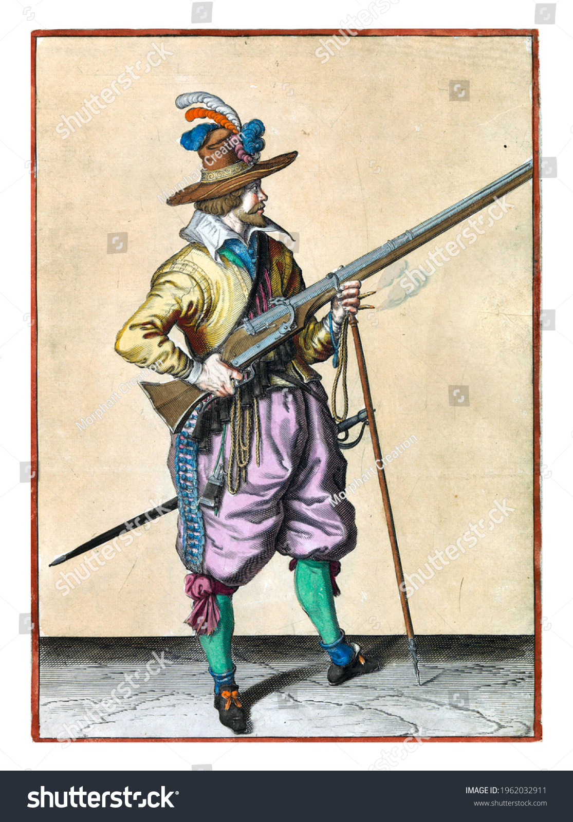 A soldier on guard, full-length, to the right, holding a musket (a certain type of firearm) by his right side, his right index finger on the trigger, his left hand around the fork of the furket #1962032911