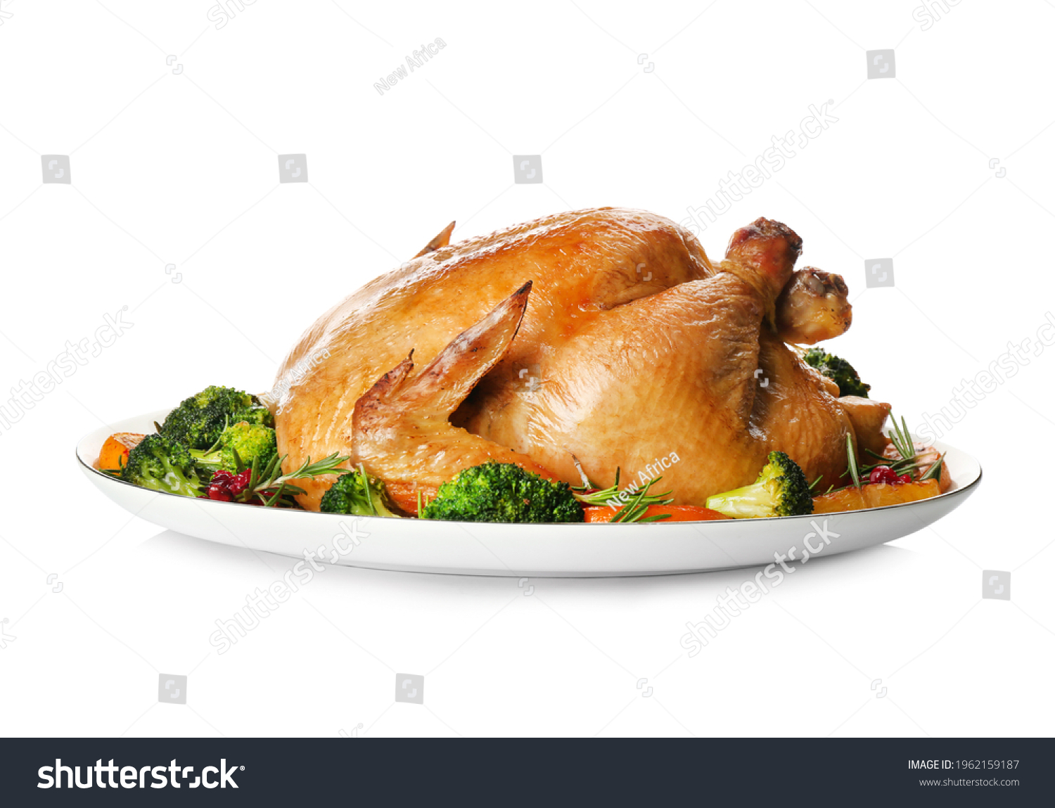 Roasted chicken with oranges and vegetables isolated on white #1962159187