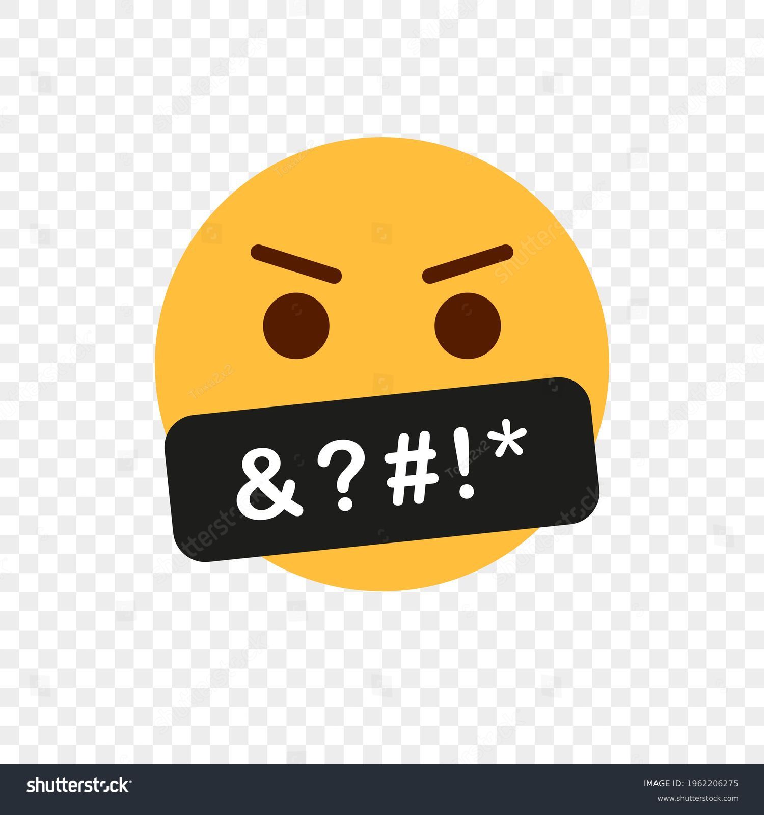 Yellow Angry Face Emoji. Obscene Language. Swearing or Vulgar Word on black bar. Bad Word and Behaviour. Swearing Emoticon icon. Emoji icon with Censored black bar. Vector illustration. #1962206275