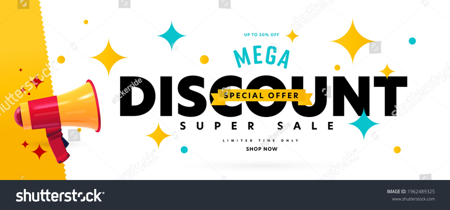 Banner announcing mega discount with half price reduction. Special offer with 50 percent off advertisement. Promotion poster template with limited time super sale vector illustration #1962489325