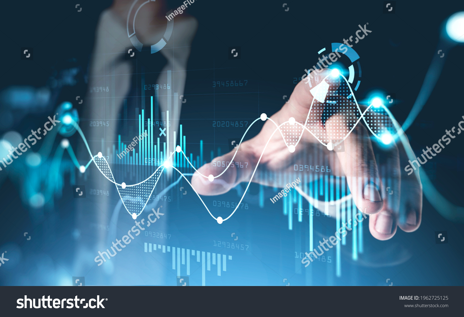 Office man finger touch hud, virtual screen with stock market changes, business candlesticks graph chart. Double exposure of blue and white lines, growing numbers, online trading #1962725125