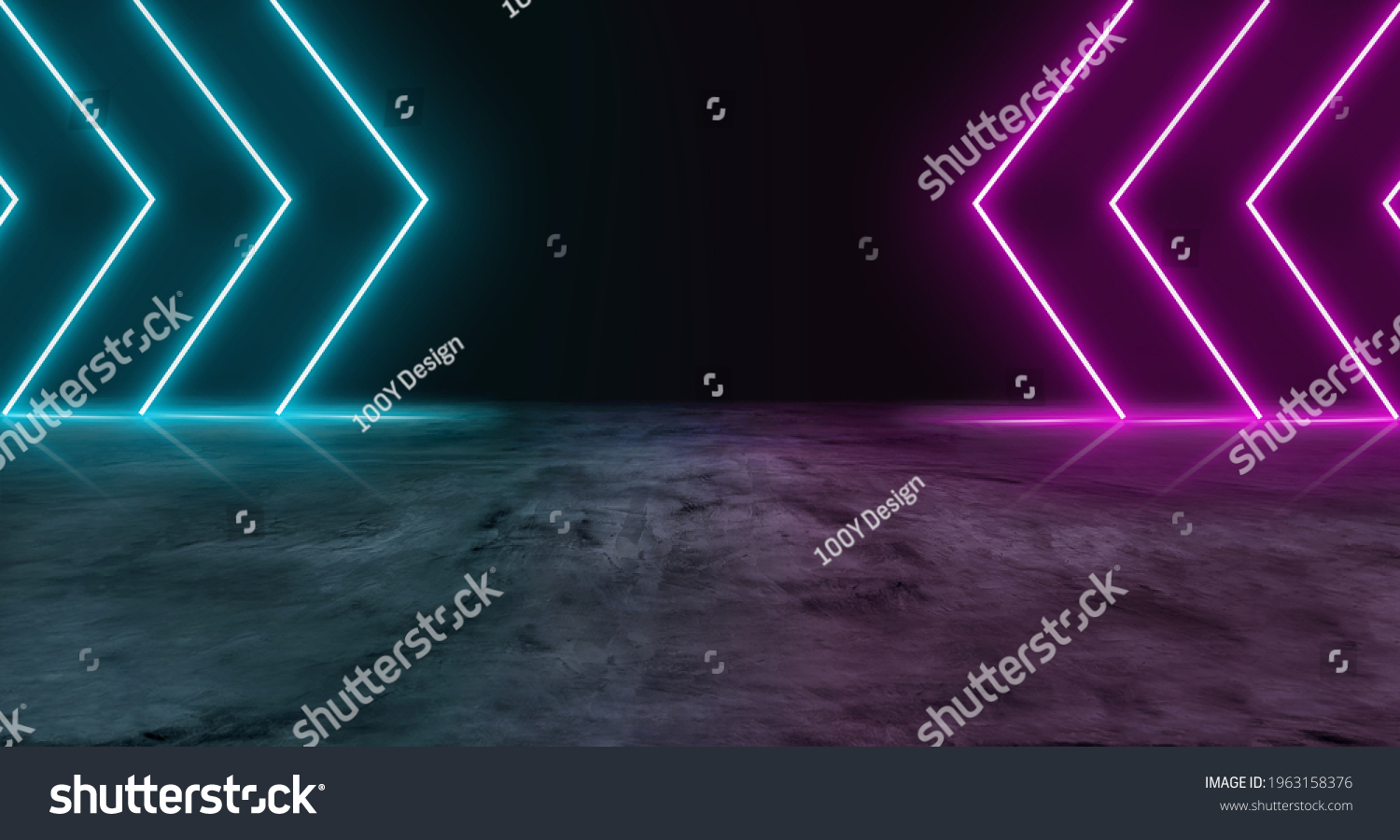 Blue and purple neon light on concrete cement floor and black background studio, Abstract high-tech, technology futuristic or entertainment feeling, Empty space in middle to place product or message. #1963158376