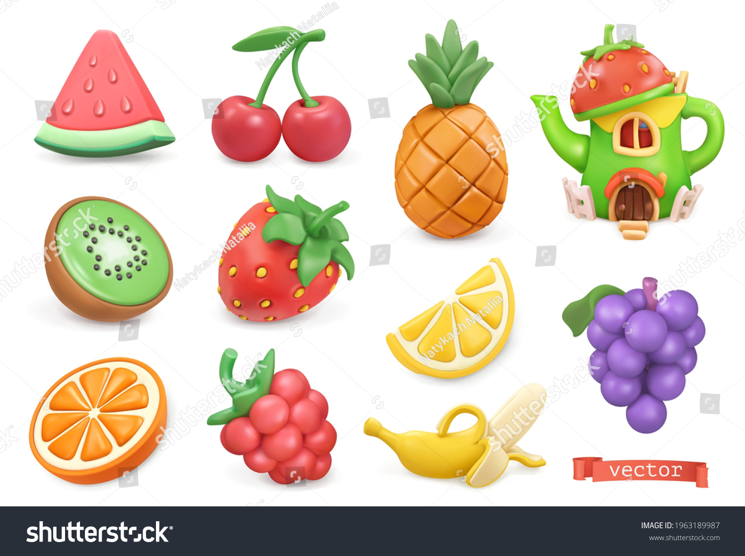 Sweet fruits icon set. Watermelon, kiwi, orange, cherry, strawberry, raspberry, pineapple, lemon, banana, grapes. Plasticine art objects #1963189987