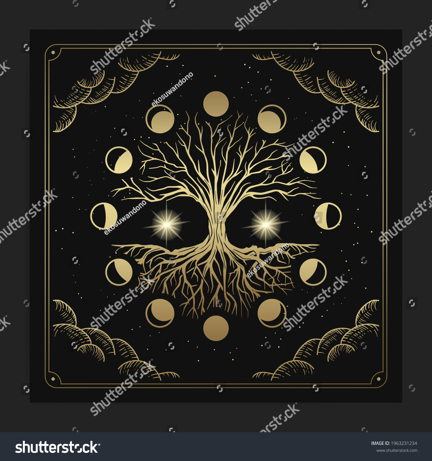 Magical sacred tree in moon phase decoration with engraving, hand drawn, luxury, celestial, esoteric, boho style, fit for spiritualist, religious, paranormal, tarot reader, astrologer or tattoo  #1963231234