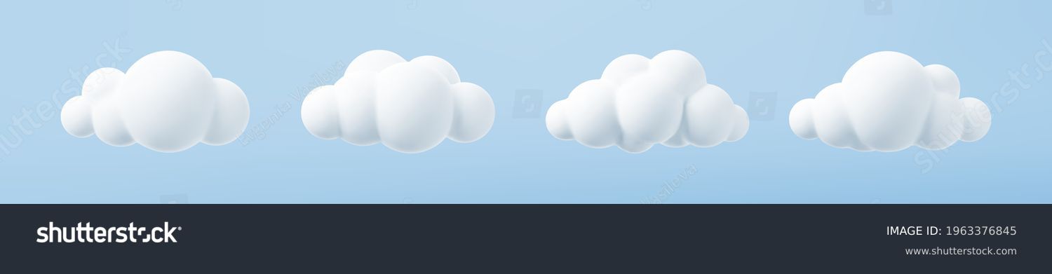 White 3d clouds set isolated on a blue background. Render soft round cartoon fluffy clouds icon in the blue sky. 3d geometric shapes vector illustration #1963376845