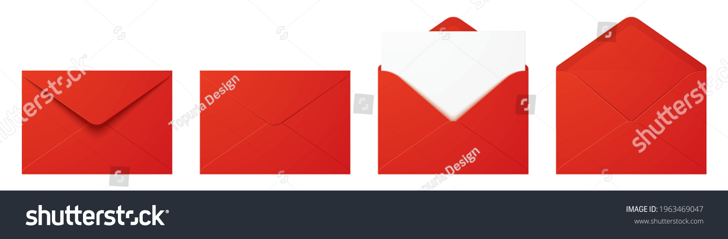 Vector set of realistic red envelopes in different positions. Folded and unfolded envelope mockup isolated on a white background. #1963469047