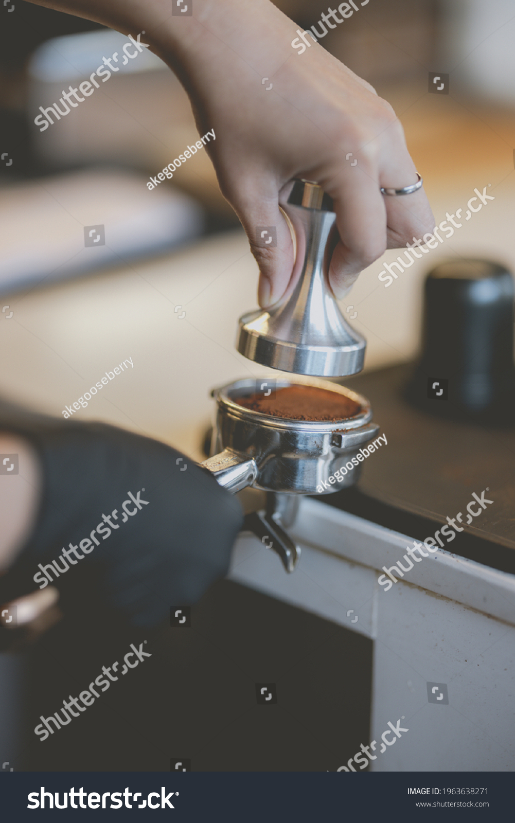Barista  make coffee process tamping and grinder  #1963638271