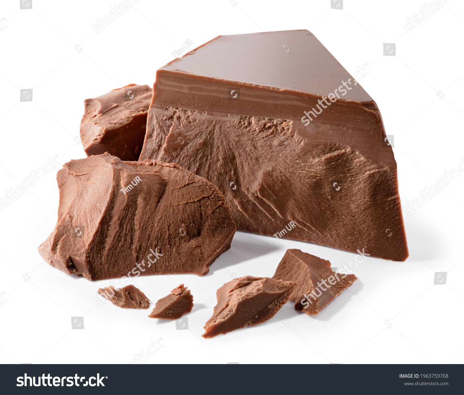 Broken chocolate. Chocolate pieces isolated. Chocolate pieces on white background as package design elements. With clipping path. #1963759768