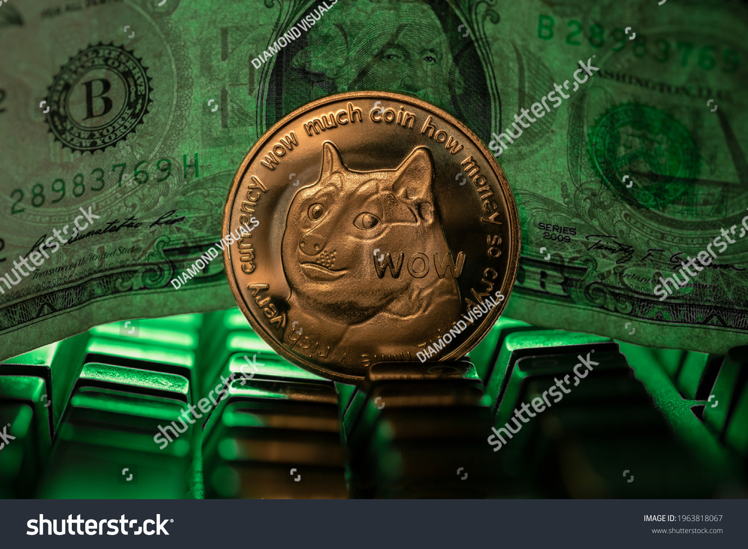 Doge cryptocurrency physical coin placed next to US dollar in the dark background and lit with green light #1963818067