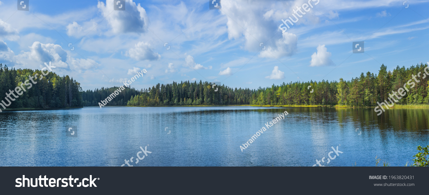 Beautiful forest lake in Russia. Panoramic view of beautiful lake landscape in Pskov region, Russia. #1963820431
