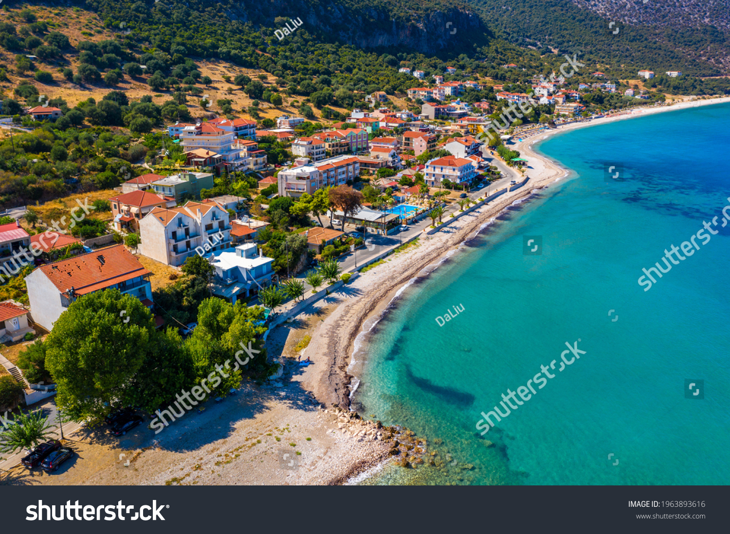 Aerial view of city of Poros, Kefalonia island in Greece. Poros city in middle of the day. Cephalonia or Kefalonia island, Ionian Sea, Greece. Poros village, Kefalonia island, Ionian islands, Greece. #1963893616