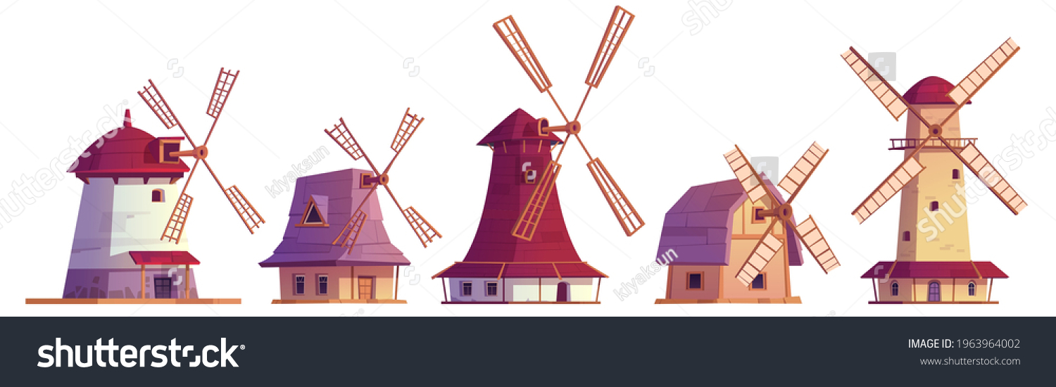 Old windmills, vintage stone and wooden wind mills. Traditional dutch farm buildings for grinding wheat grains to flour. Vector cartoon set of countryside architecture isolated on white background #1963964002