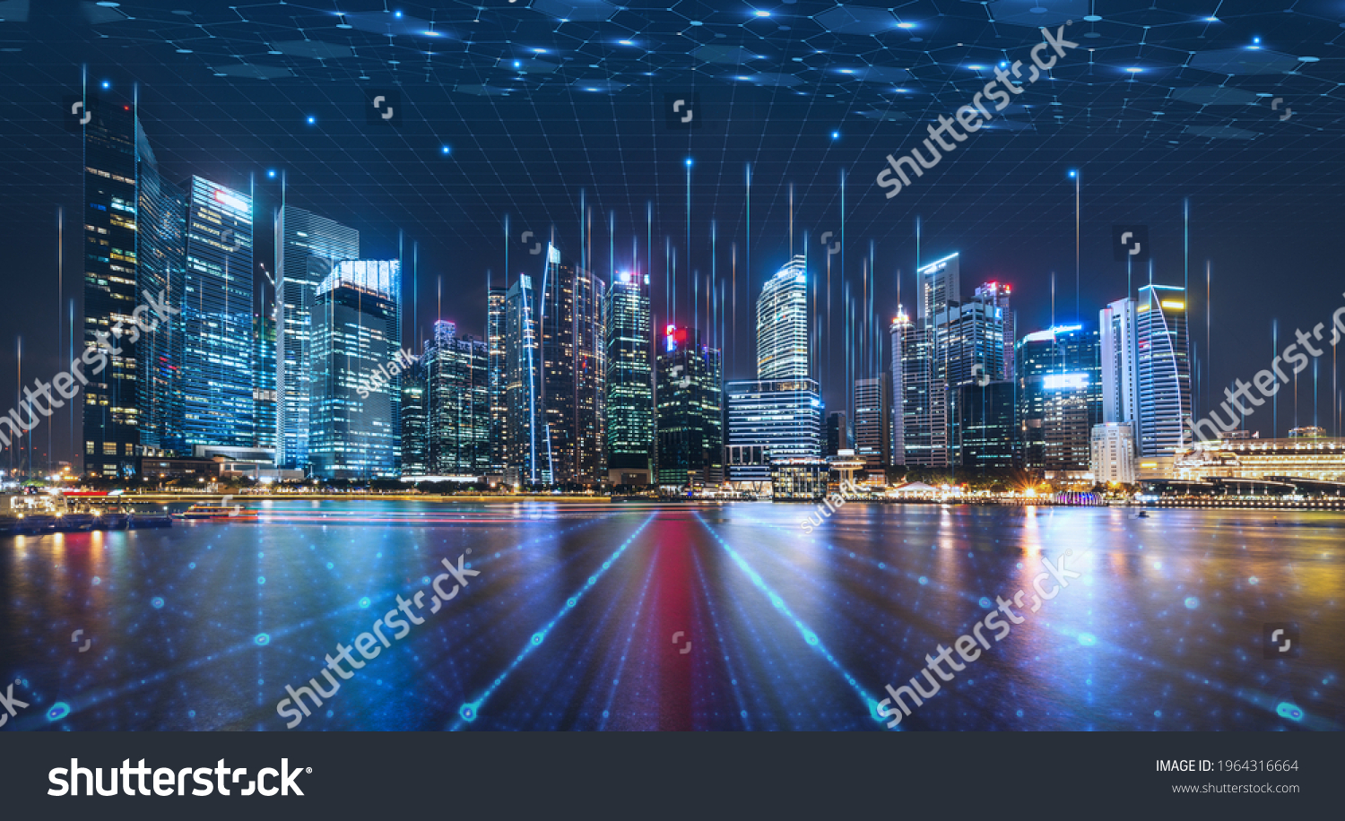 Smart city dot point connect with gradient grid line, connection technology metaverse concept. Night city banner with big data.  #1964316664