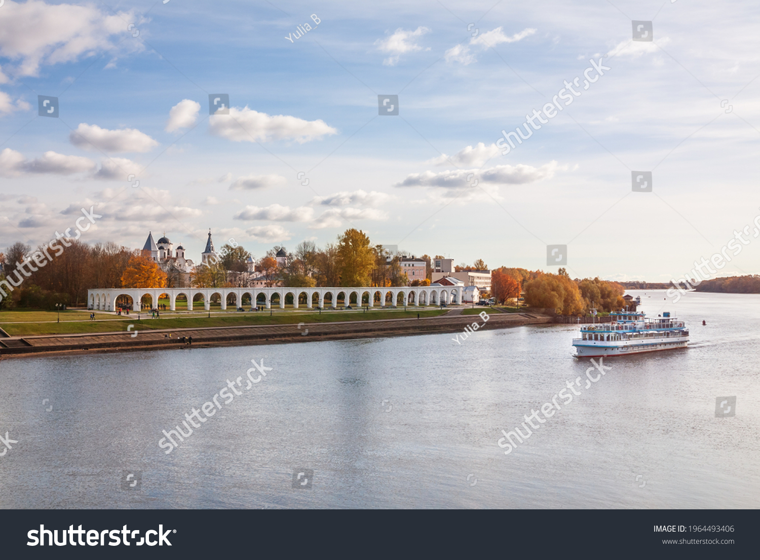 Cruise ship on the Volkhov River goes along the Yaroslav's Court. Novgorod Veliky, Russia #1964493406