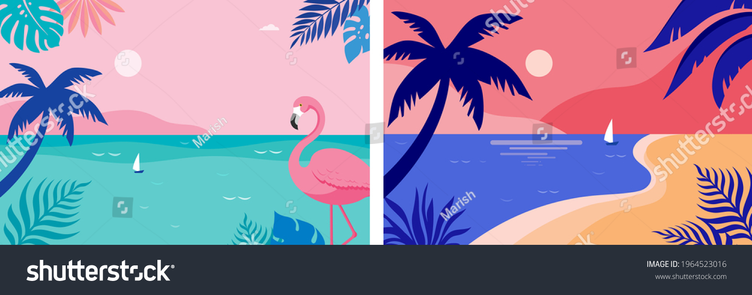 Summer time fun concept design. Creative background of landscape, panorama of sea and beach. Summer sale, post template #1964523016