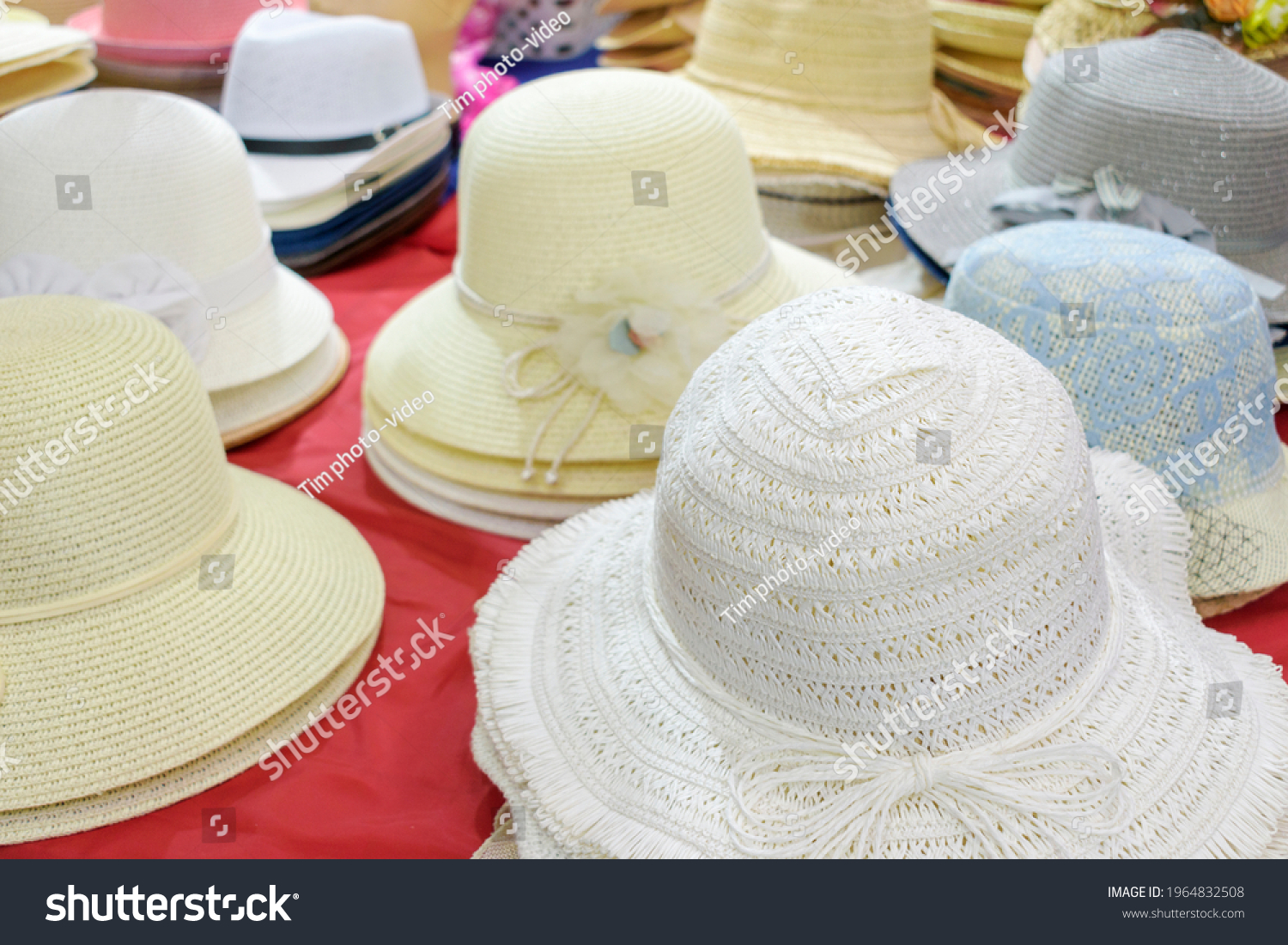 Ladies' bonnets.  Headwear shop concept, summer vacation. #1964832508