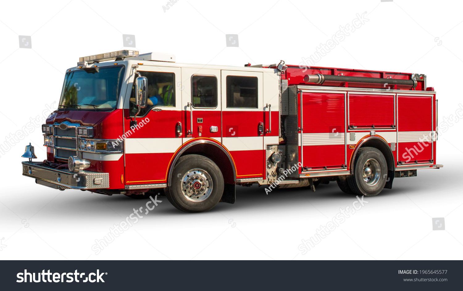 Firetruck or Red Fire engine. American fire truck on white isolated background. Emergency vehicle. Real full size car. American Rescue Service.  #1965645577