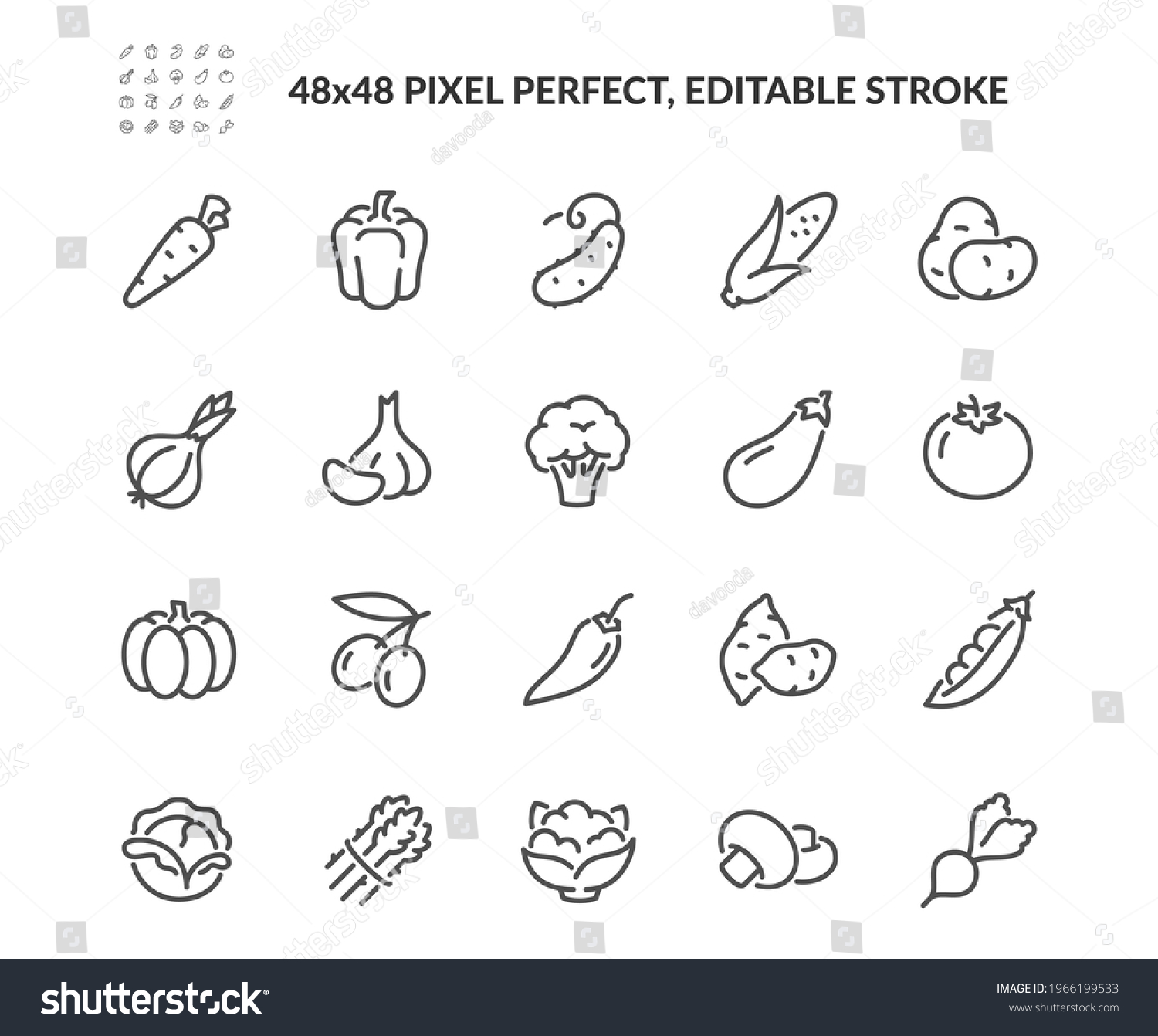 Simple Set of Vegetables Related Vector Line Icons. Contains such Icons as Tomato, Olives, Garlic and more. Editable Stroke. 48x48 Pixel Perfect. #1966199533