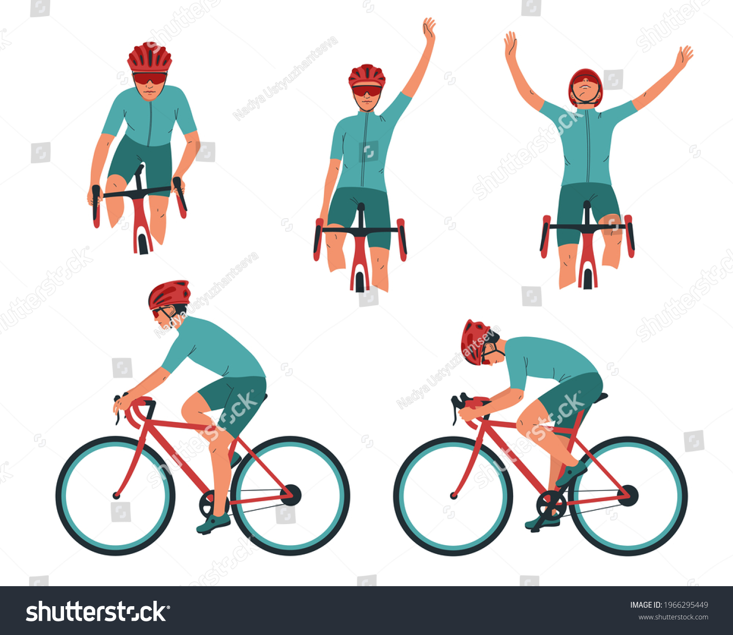 Cyclist in action set. Biker on a bicycle race from the side, front. Competition, victory in sports. Collection of vector illustrations isolated on white background. #1966295449