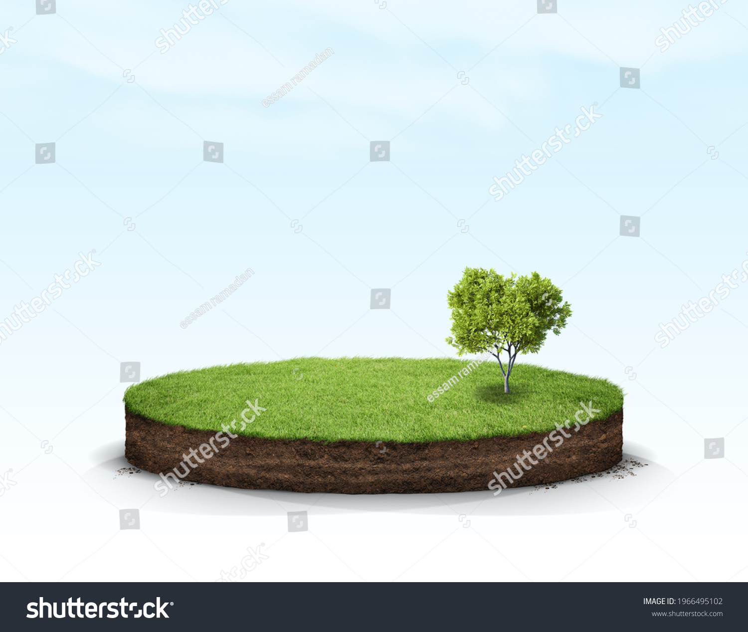 3D Illustration round soil ground cross section with earth land and green grass, realistic 3D rendering circle cutaway terrain floor with rock isolated #1966495102