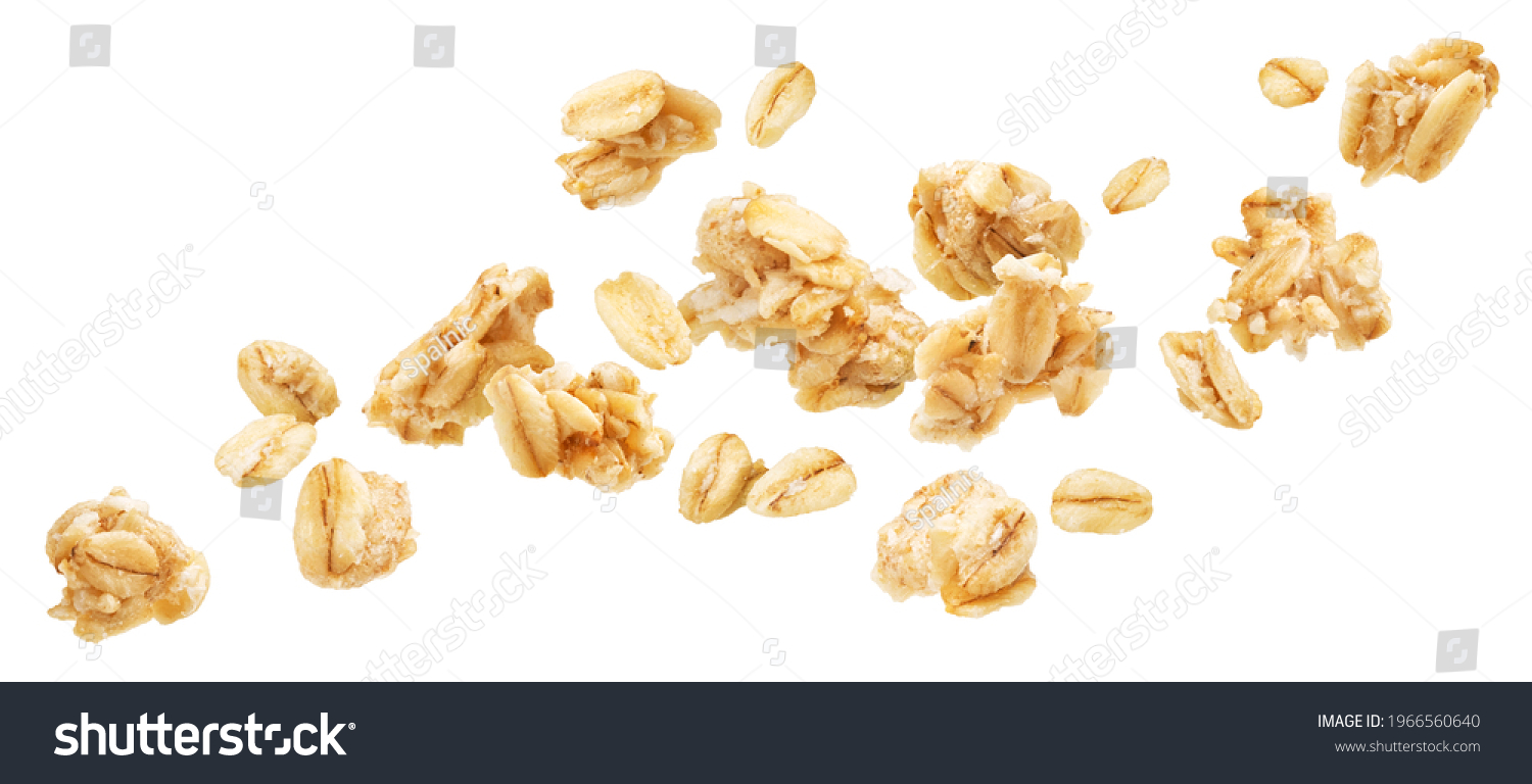 Falling oat granola, crunchy muesli isolated on white background #1966560640