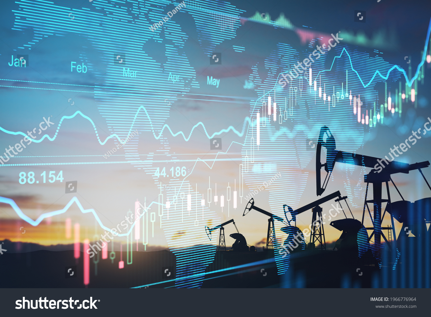 Rise in gasoline prices concept with double exposure of digital screen with financial chart graphs and oil pumps on a field #1966776964