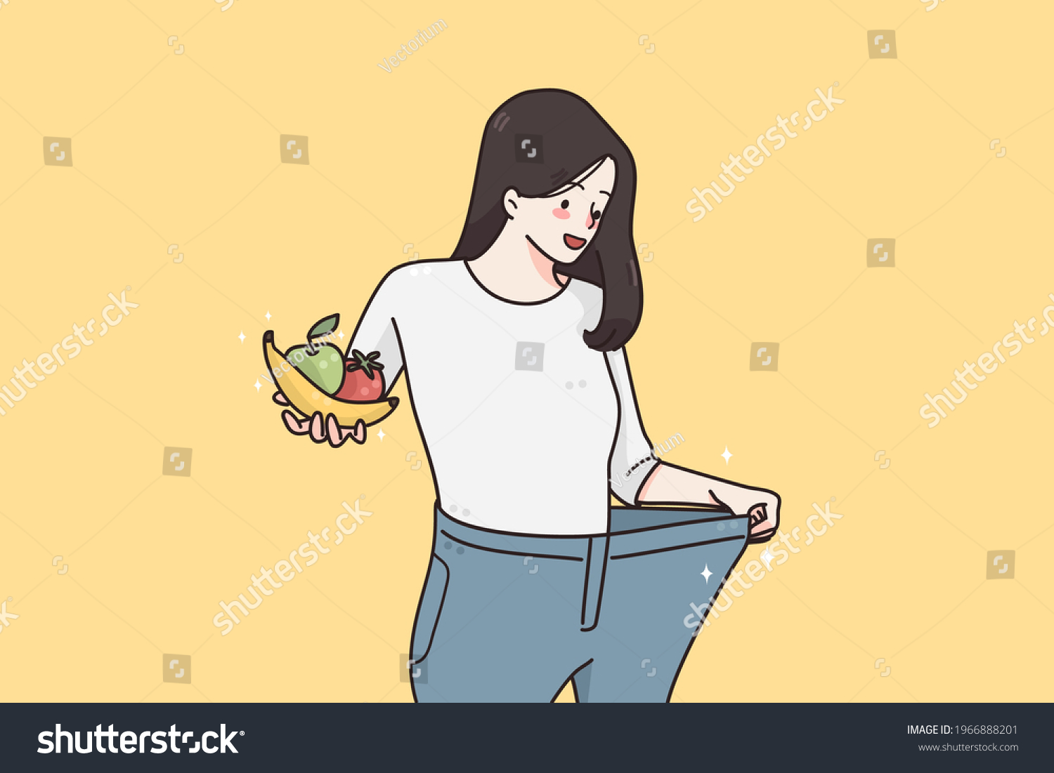 Weight loss and diet concept. Happy smiling woman in oversized jeans standing holding fresh fruits and vegetables showing weight loss results vector illustration  #1966888201