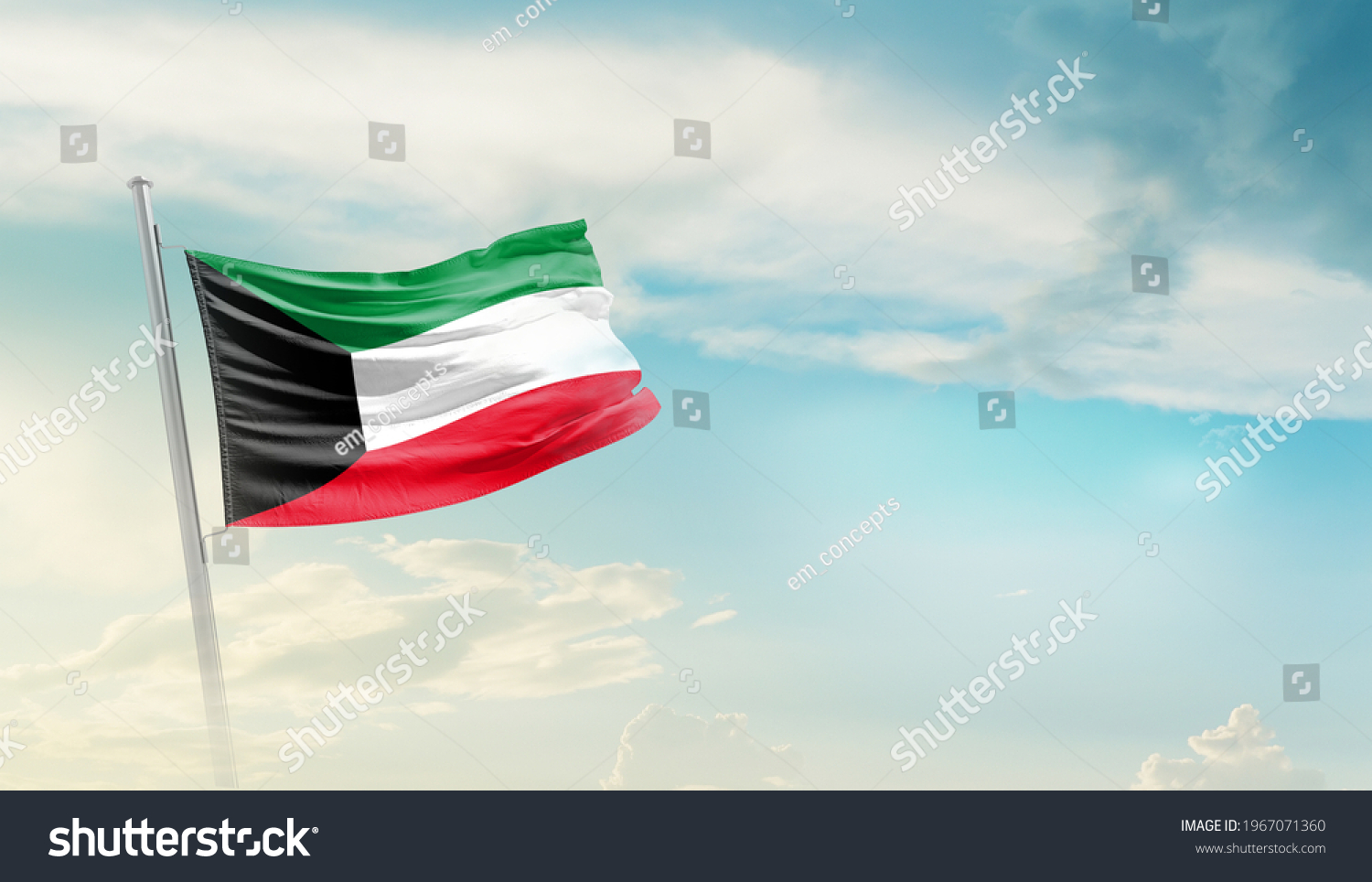 Kuwait national flag waving in beautiful sky. #1967071360