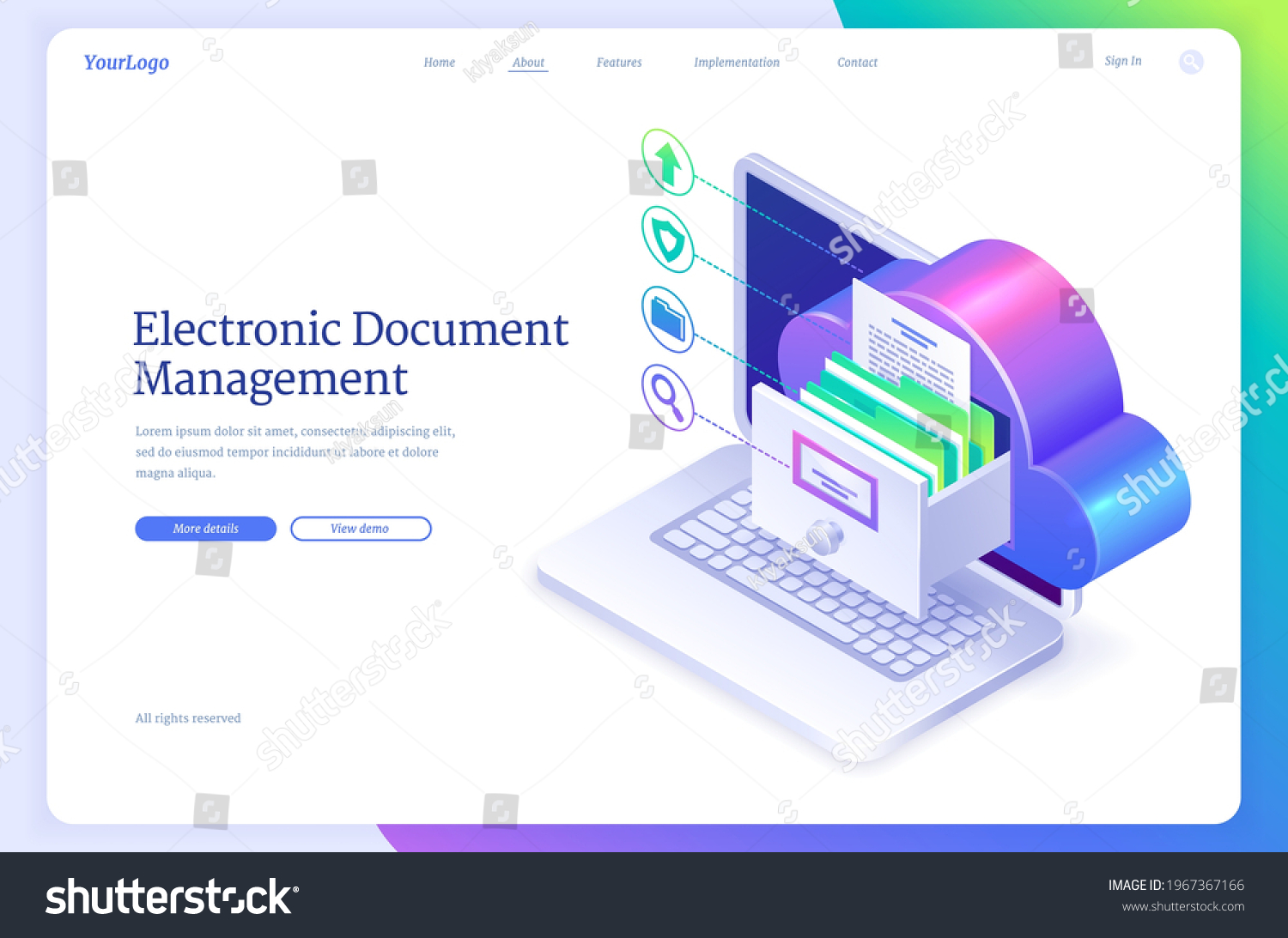 Electronic document management isometric landing page. Online paperwork storage, digital system of paper organization, manage business docs with cloud, drawer on computer screen 3d vector web banner #1967367166