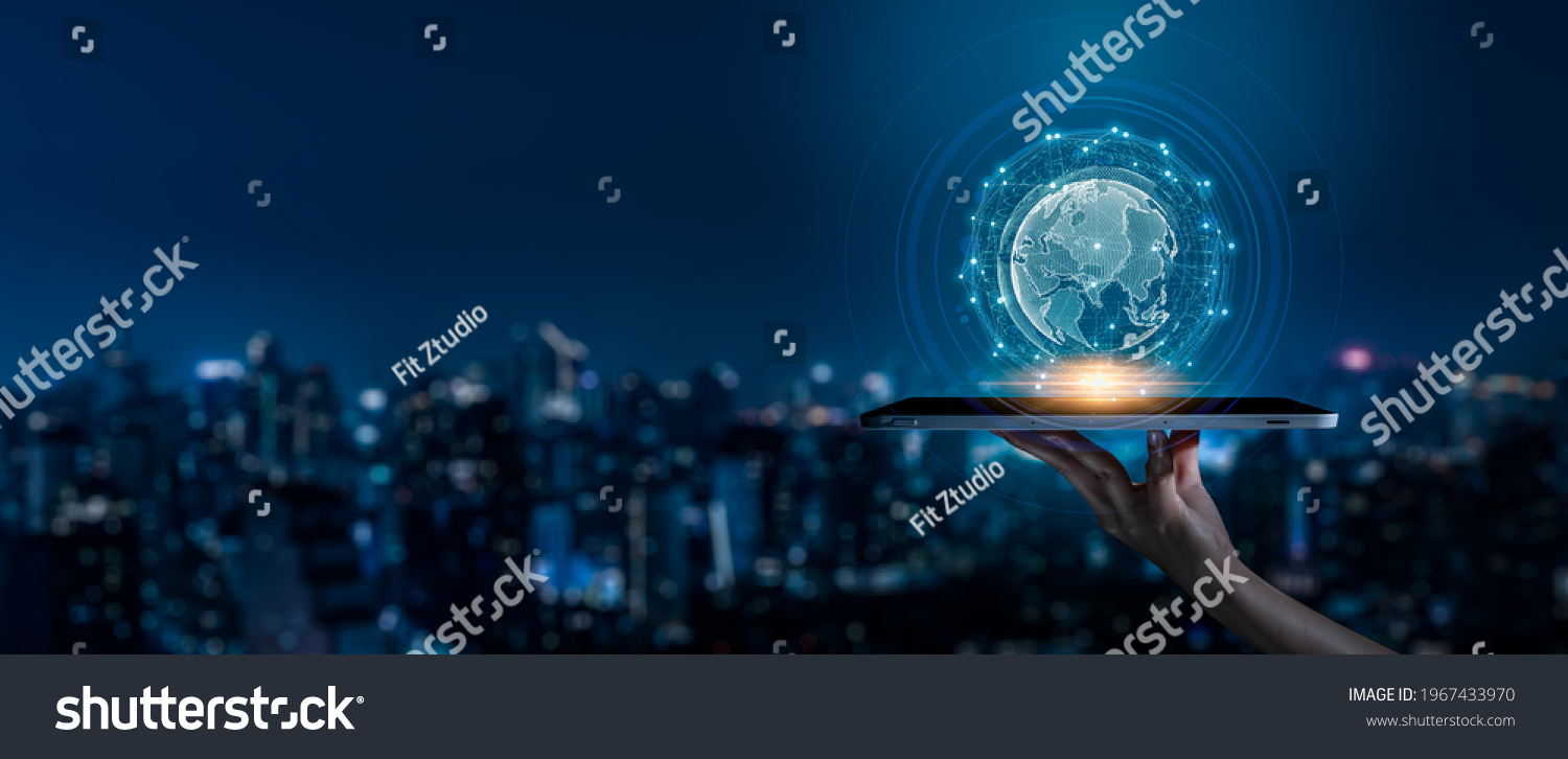 Modern city with wireless network connection and city scape concept.Wireless network and Connection technology concept with city background at night. #1967433970