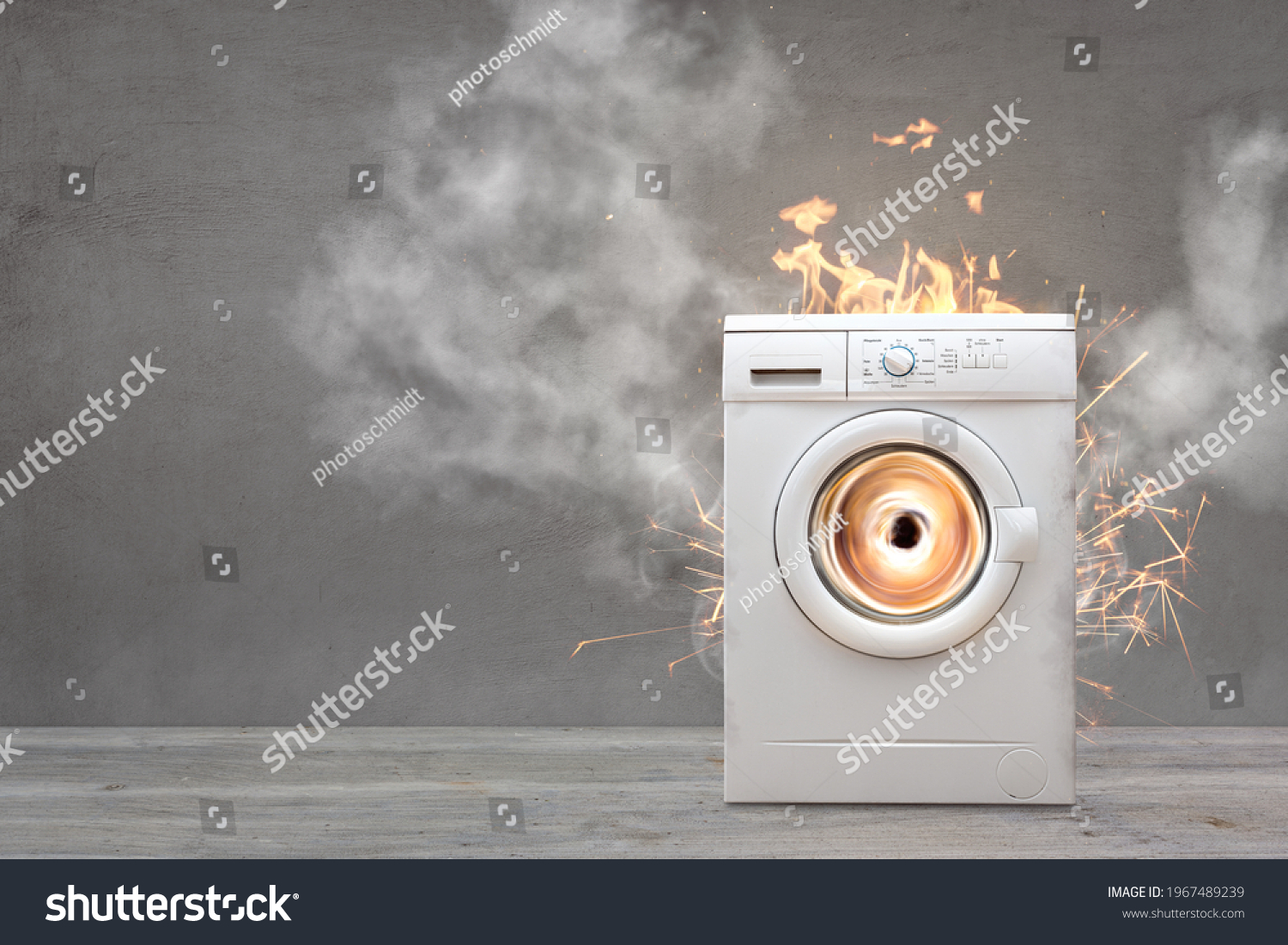 Broken Washing Machine With Smoke And Fire #1967489239