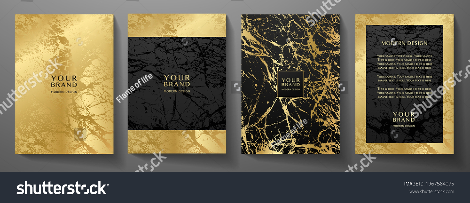 Modern black and gold cover, frame design set. Creative premium abstract with marble texture (crack) background. Luxury vector collection for catalog, brochure template, magazine layout, luxe booklet #1967584075