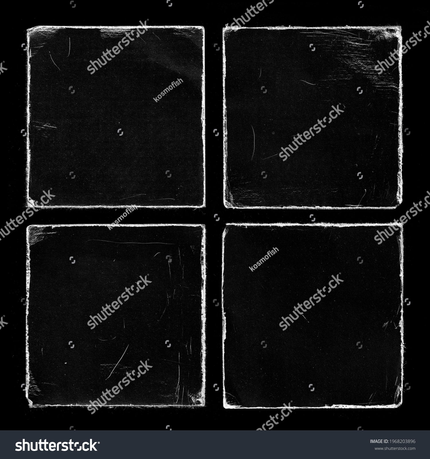 Set of Four Old Black Square Vinyl CD Record Cover Package Envelope Template Mock Up. Empty Damaged Grunge Aged Photo Scratched Shabby Paper Cardboard Overlay Texture.  #1968203896