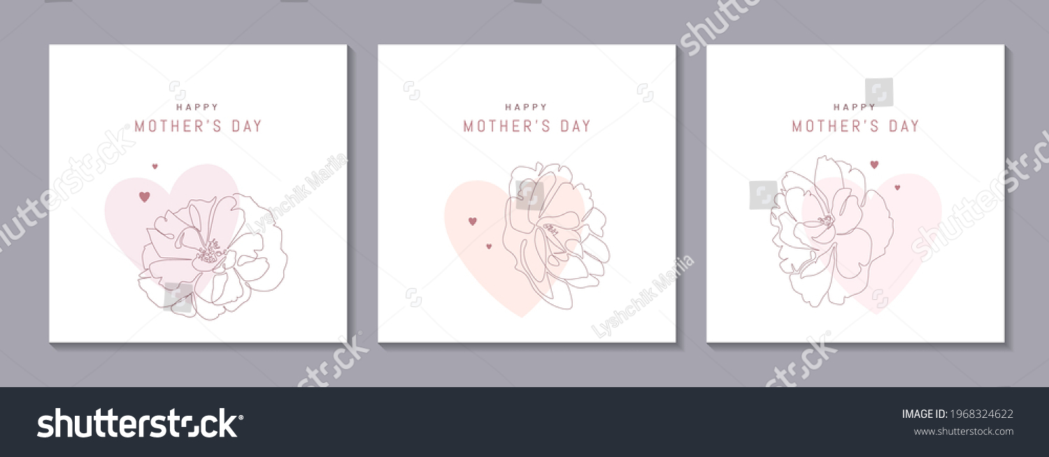 Happy Mother's Day vector greeting cards set with elegant flowers and pastel colored hearts on white. Continuous line minimalist style illustration #1968324622