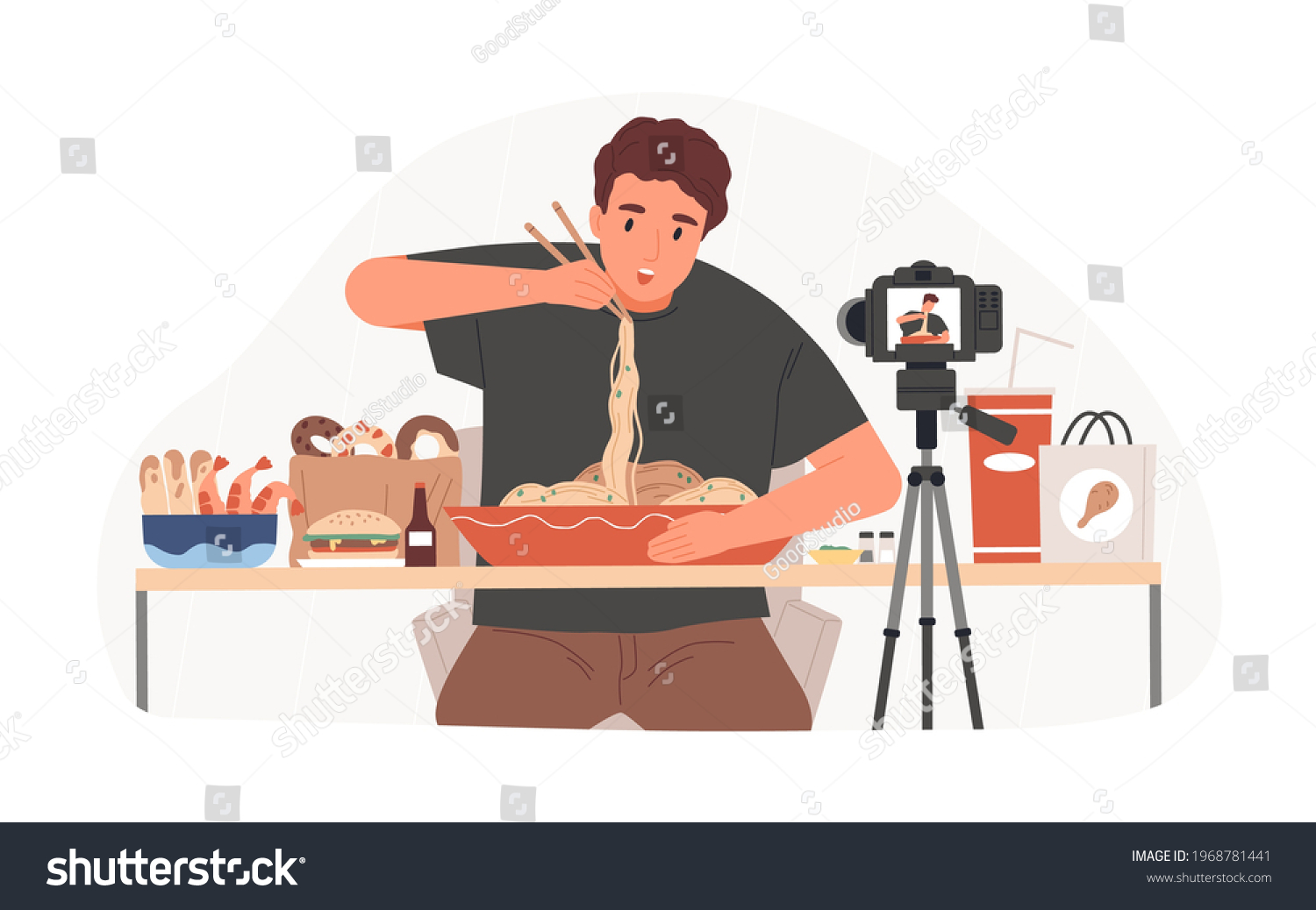 Blogger recording Mukbang video for entertainment vlog, eating asian food in front of camera. Vlogger creating content for his channel. Colored flat vector illustration isolated on white background #1968781441
