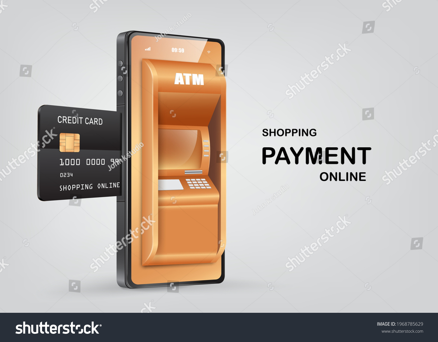 The credit card is inserted into the slot of the ATM machine,shopping for payment online and financial concept design,pay via smartphone application,vector 3d isolated #1968785629