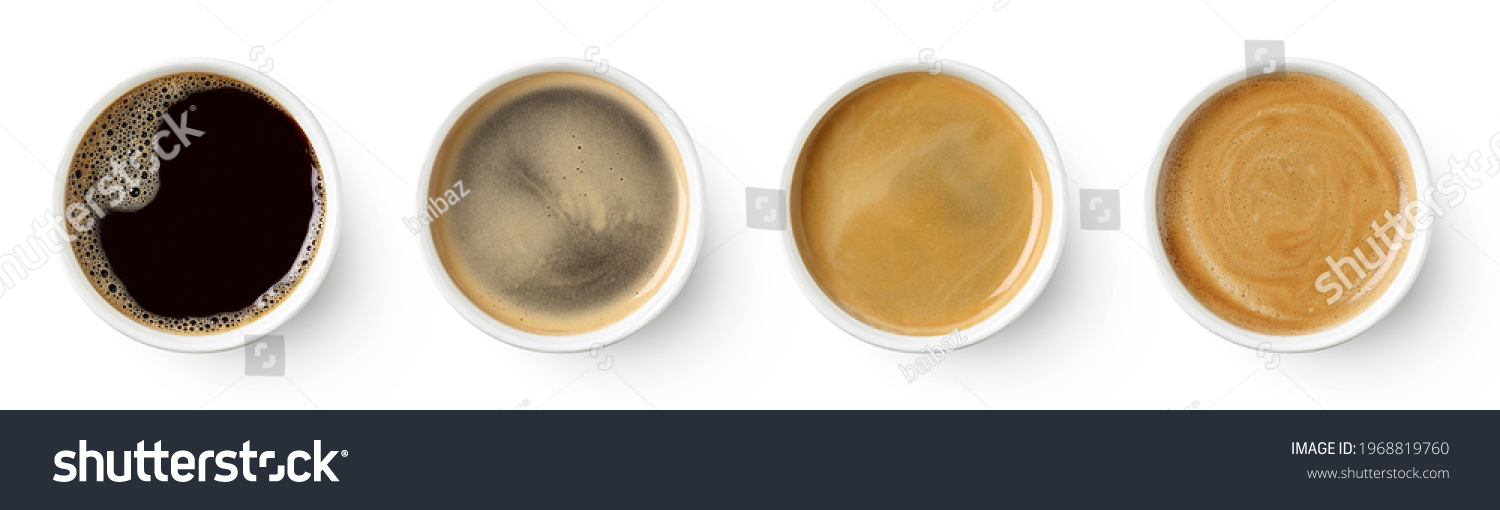 Set of paper take away cups of different black coffee isolated on white background, top view #1968819760