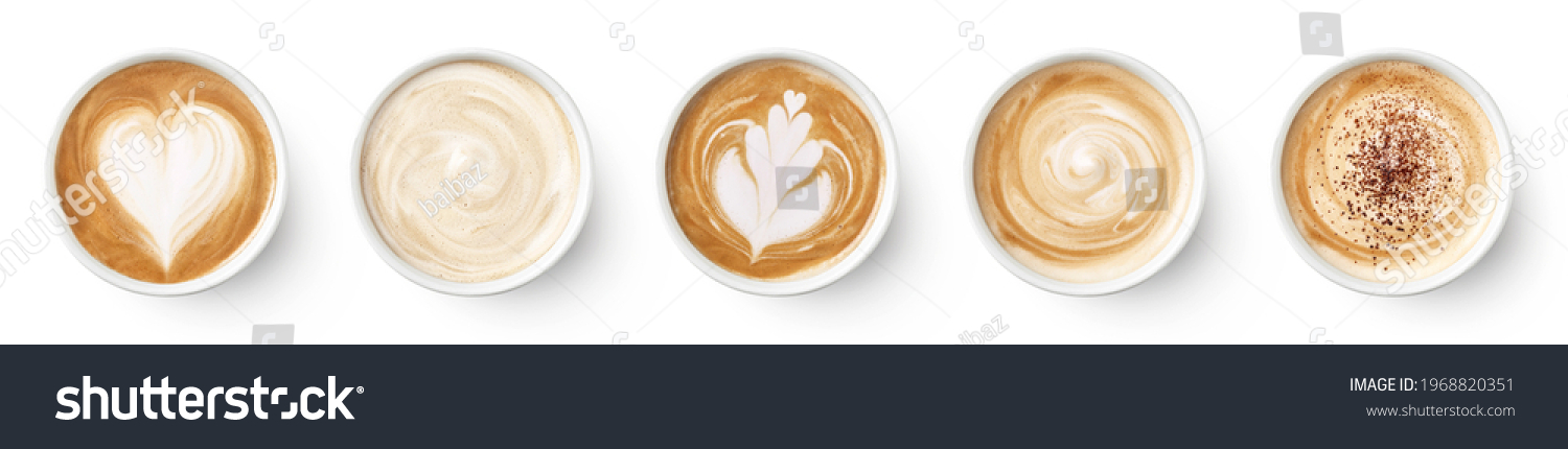 Set of paper take away cups of different coffee latte or cappuccino isolated on white background, top view #1968820351