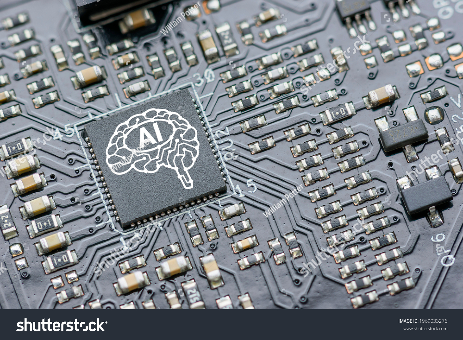 Processor for AI acceleration, CPU Central processing Unit or GPU microchip on a motherboard. AI-focused hardware and software is upgraded in mobile processor and smart device to imitate human brain #1969033276