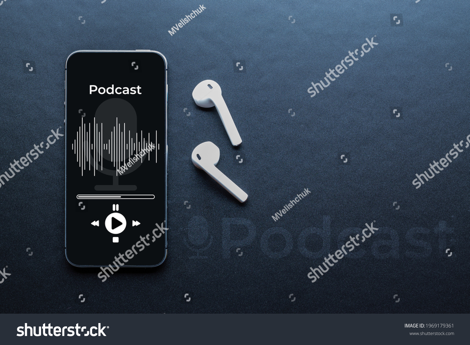 Podcast background. Mobile smartphone screen with podcast application, sound headphones. Audio voice with radio microphone on black. Recording studio or podcasting banner with copy space #1969179361