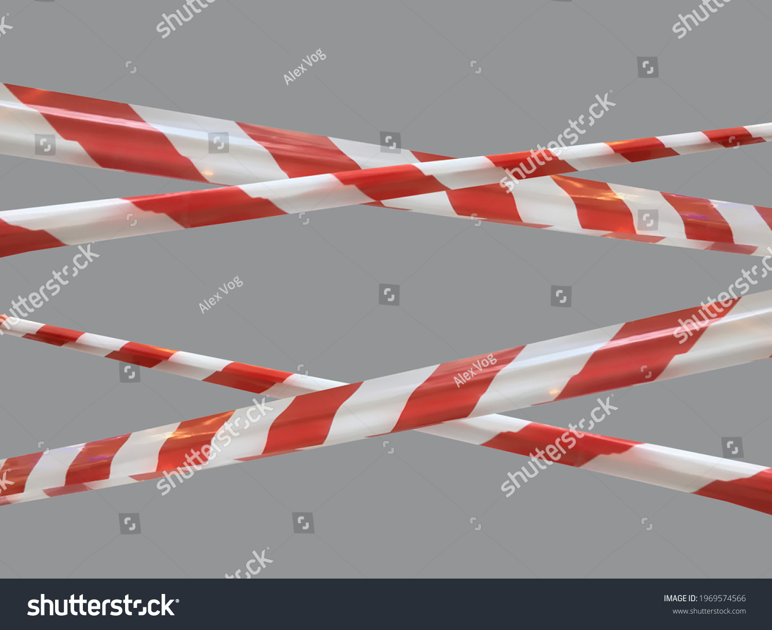 Red and white warning lines of barrier tape prohibit passage. Barrier tape on gray isolate. Barrier that prohibits traffic. Danger unsafe area warning do not enter. Concept of no entry. Copy space #1969574566