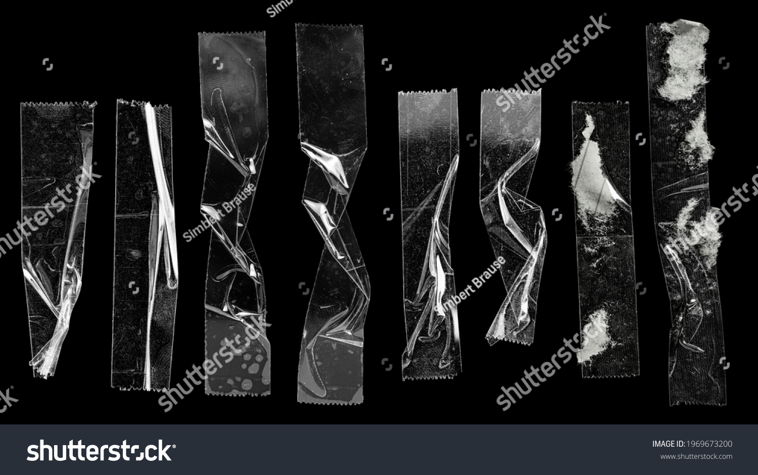 cool set of transparent adhesive tape or strips isolated on black background, crumpled plastic sticky snips, poster design overlays or elements. #1969673200