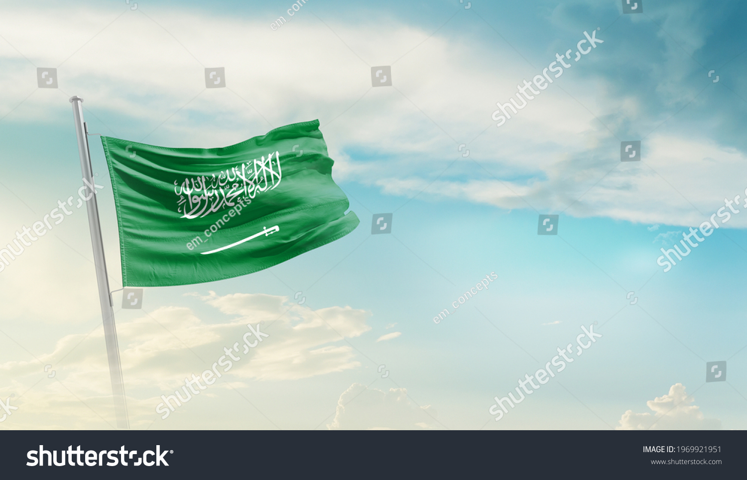 Saudi Arabia national flag waving in beautiful sky. #1969921951