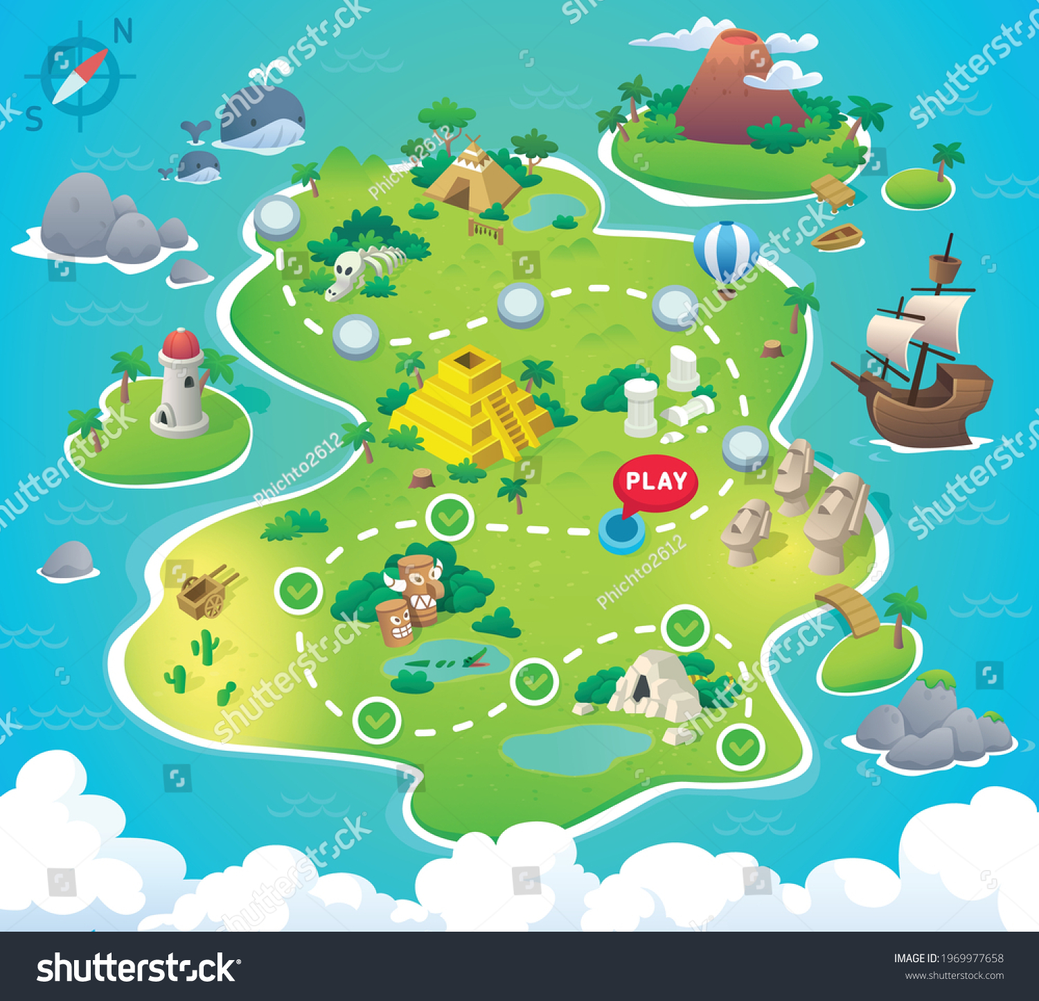 Game Map. Pirate Treasure Maps for children. island. Vector background for game interface. Uninhabited island #1969977658